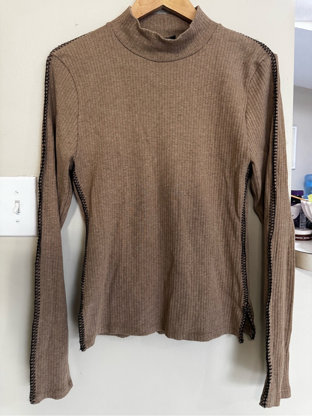 J. Crew Ribbed Mock Neck Long Sleeve Top in Taupe with Contrast Stitching Fall